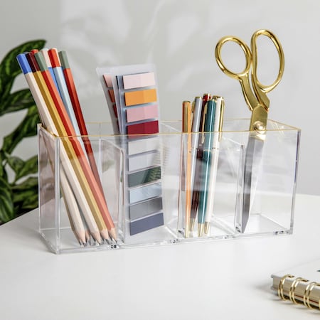 Martha Stewart Kerry Plastic 4 Compartment Pen Holder Office Desktop Organizer with Gold Trim BE-PB7357-G-CLRGLD-MS